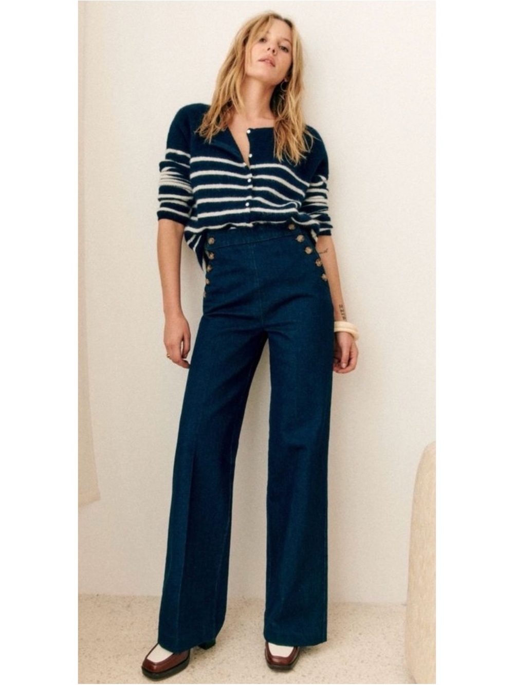 Sezane Marino Denim Wide Leg Trousers Sailor Buttons Sz 38 or 6